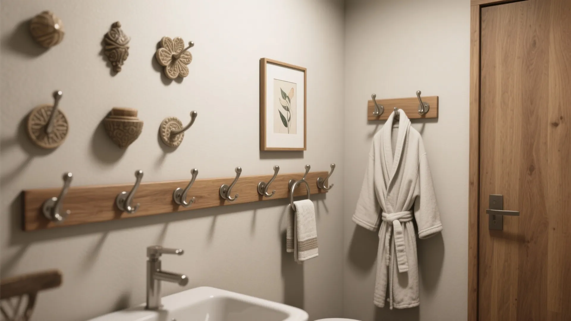 Bathroom interior featuring wooden towel hooks with white bathrobe white sink and neutral wall art
