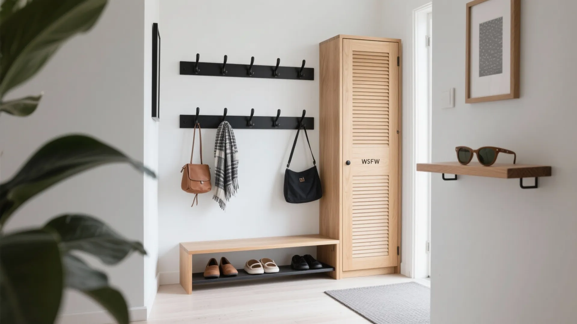 4) Wall Hooks + Narrow Shoe Tower