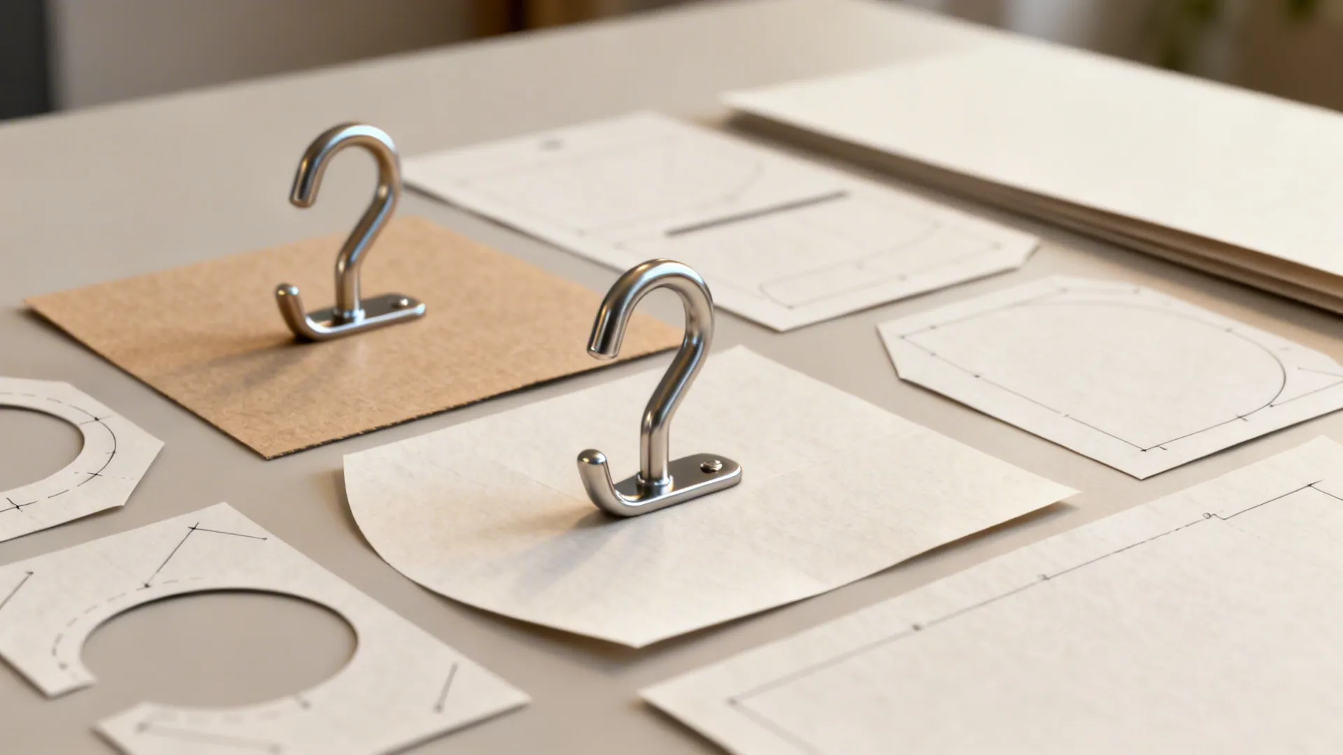 Removable hooks and paper templates for testing art layouts on walls.