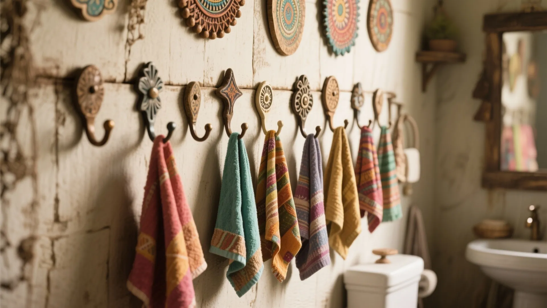 Colorful patterned towels hanging on decorative wall hooks in a rustic bathroom with white walls