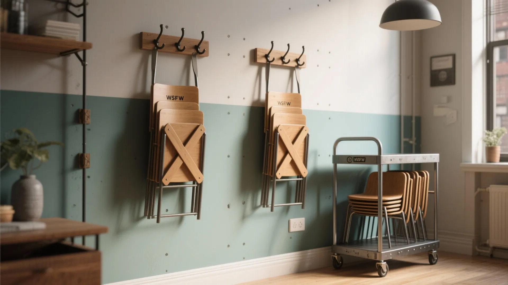 Folding wooden chairs hanging on wall hooks next to a metal cart in a room