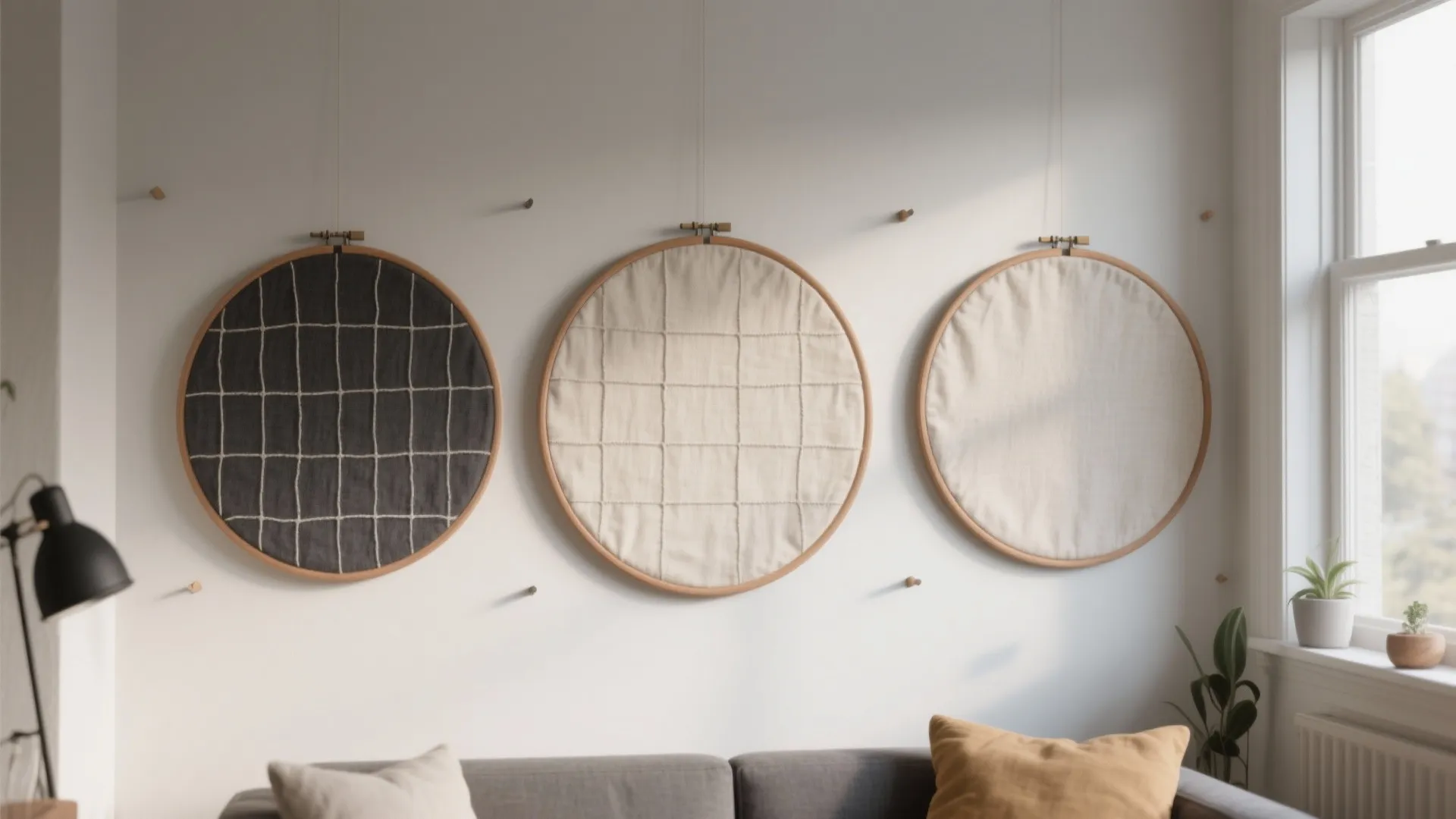 Minimal hoop gallery wall in a small studio with linen and cotton fabrics in charcoal, sand, and a subtle accent.