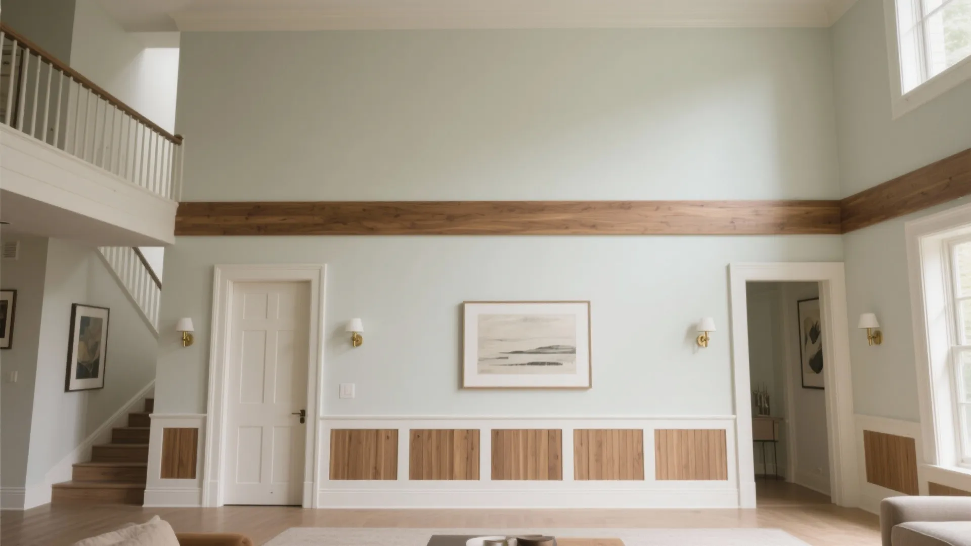 Light green living room wall featuring wood wall panel white doors wall lights and framed art