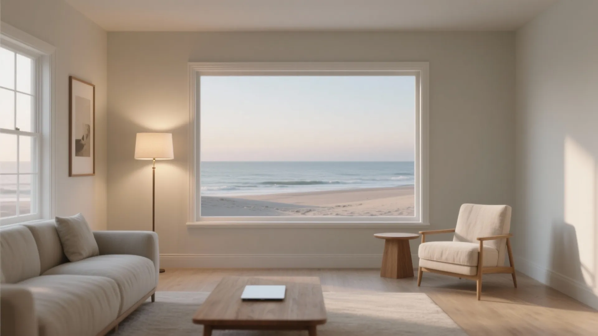 Minimalist living room featuring large window showing beach view with cream sofa and wooden furniture items