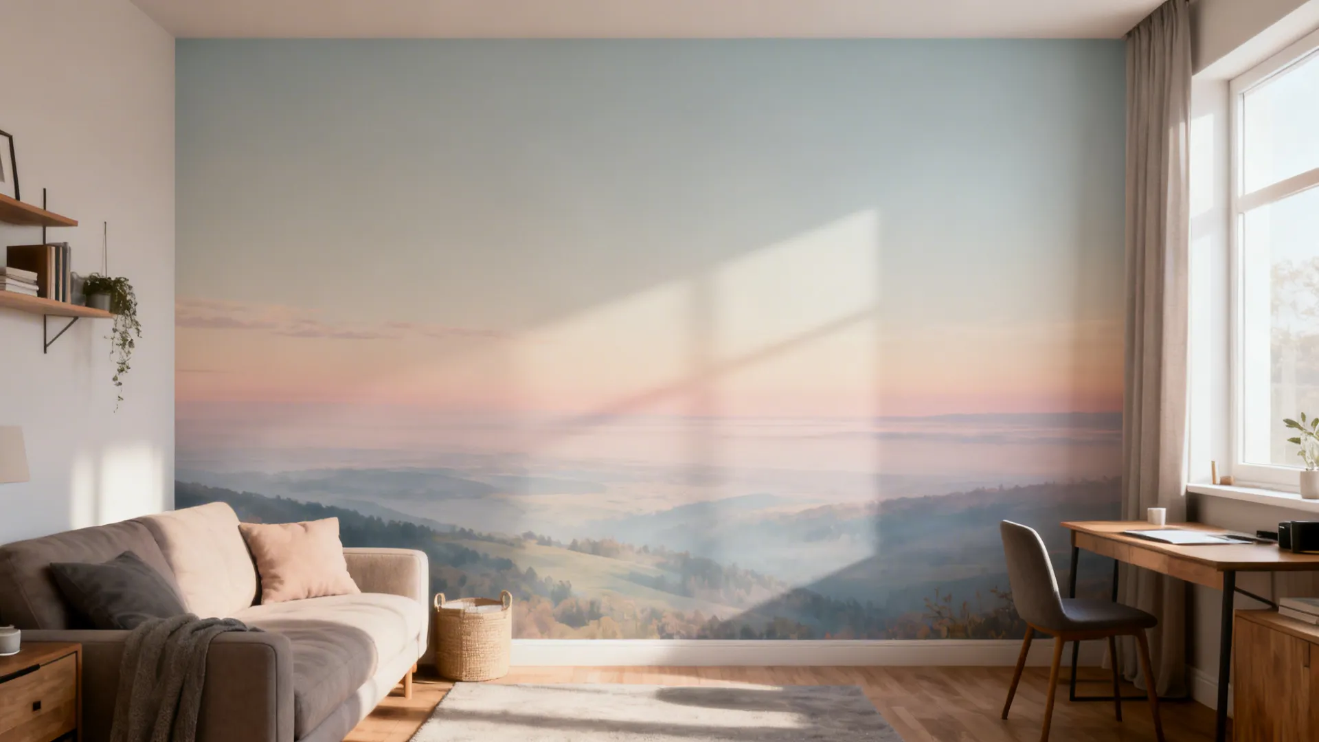 Studio living room with a soft horizon mural peel-and-stick creating the illusion of extended space.