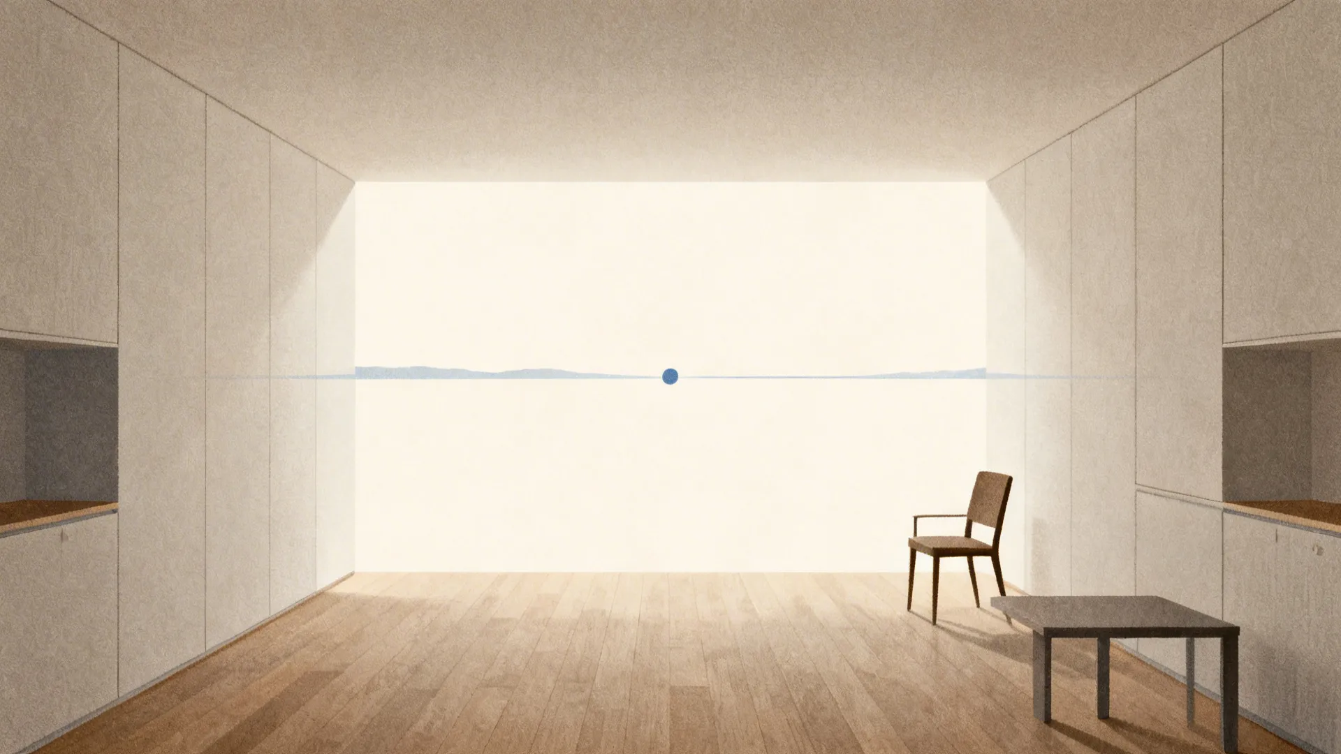 Room diagram showing horizon at eye level and a centered vanishing point guiding converging lines.