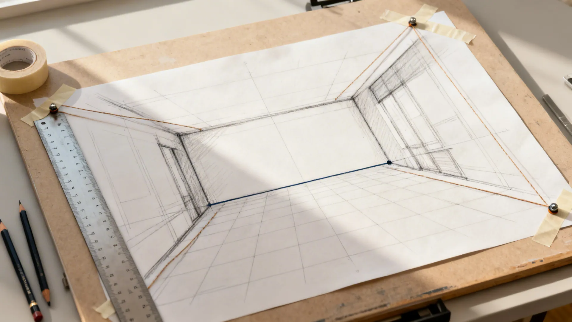 Drafting board with horizon line and wide two vanishing points indicated by taped guides for a room sketch.