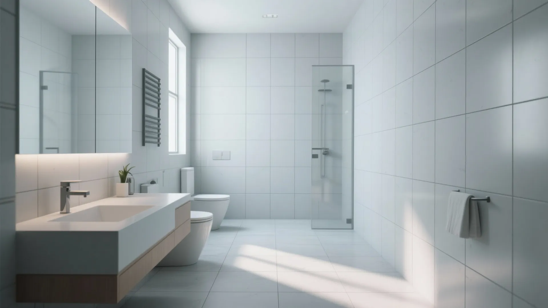 Minimalist white bathroom featuring rectangular wall tiles floating sink toilet and glass walk in shower