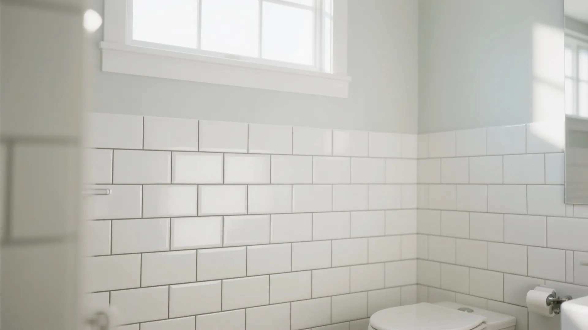 Bright bathroom interior design featuring white brick wall tiles with a window and white toilet