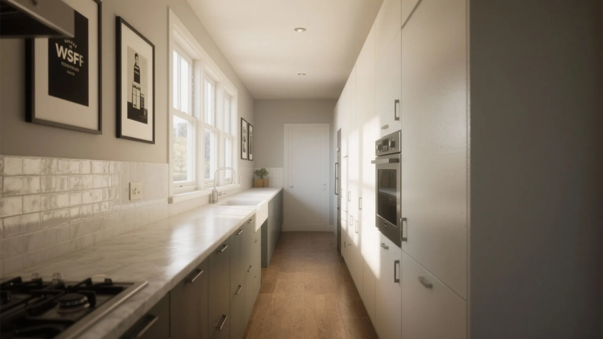 Long narrow kitchen with white cabinets grey lower drawers marble countertop and natural sunlight coming