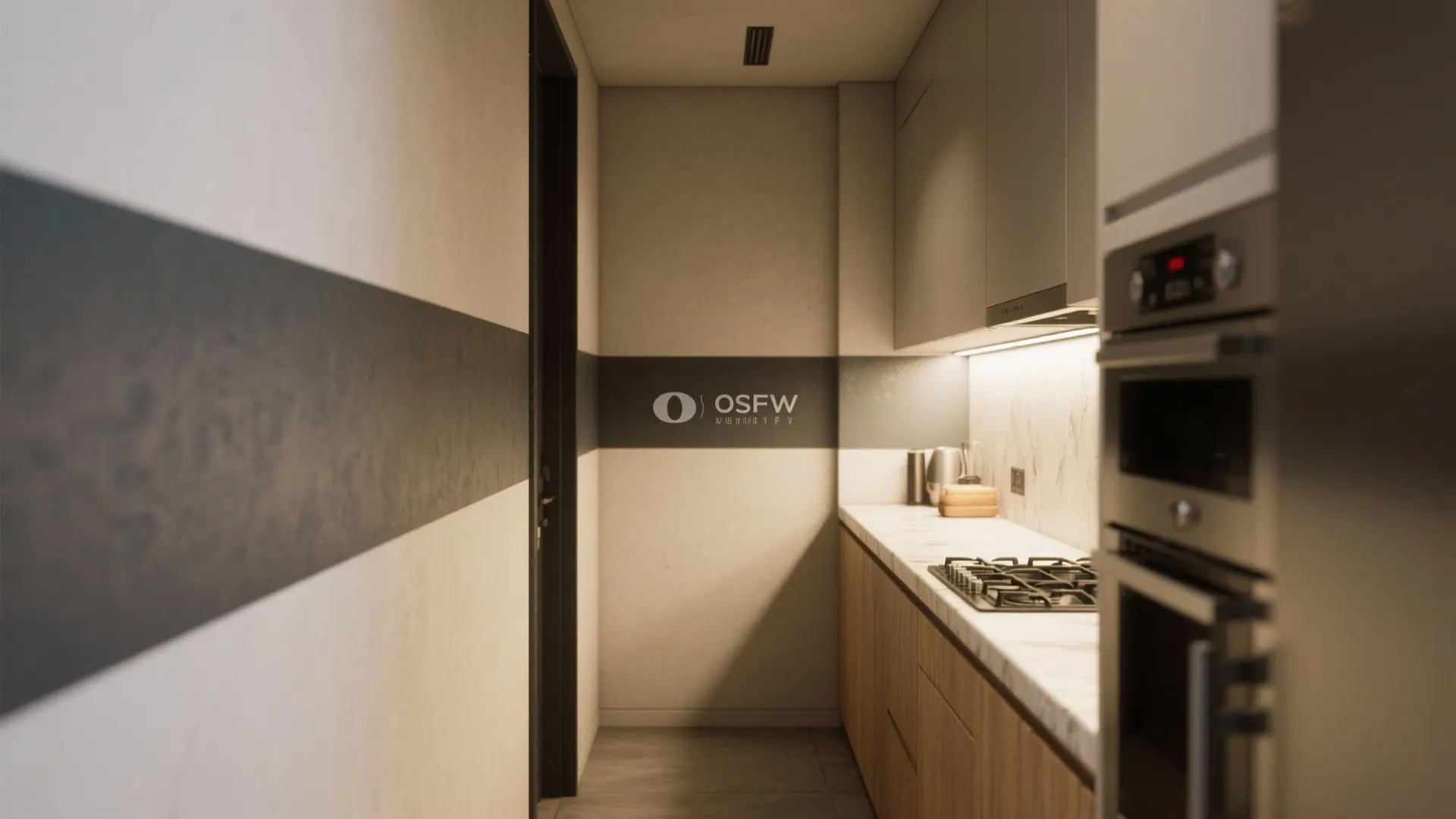 Small kitchen interior design drawing with marble countertop wooden cabinets built in oven and dark stripe