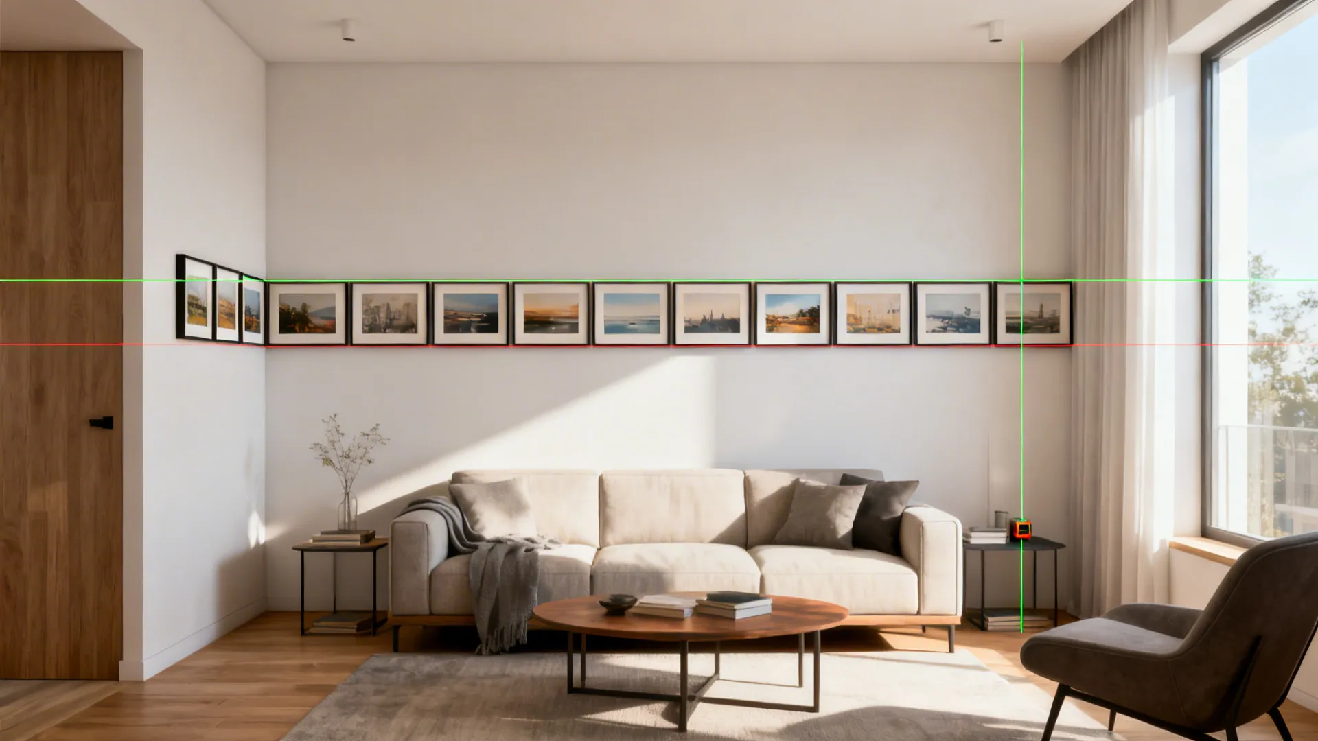 Modern living room with a horizontal row of framed art aligned using green laser lines