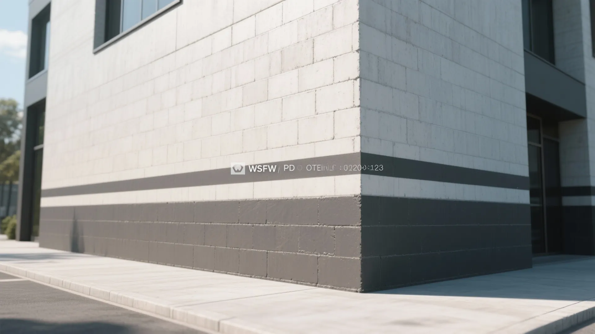 A close up of a white brick building corner with two dark grey horizontal bands