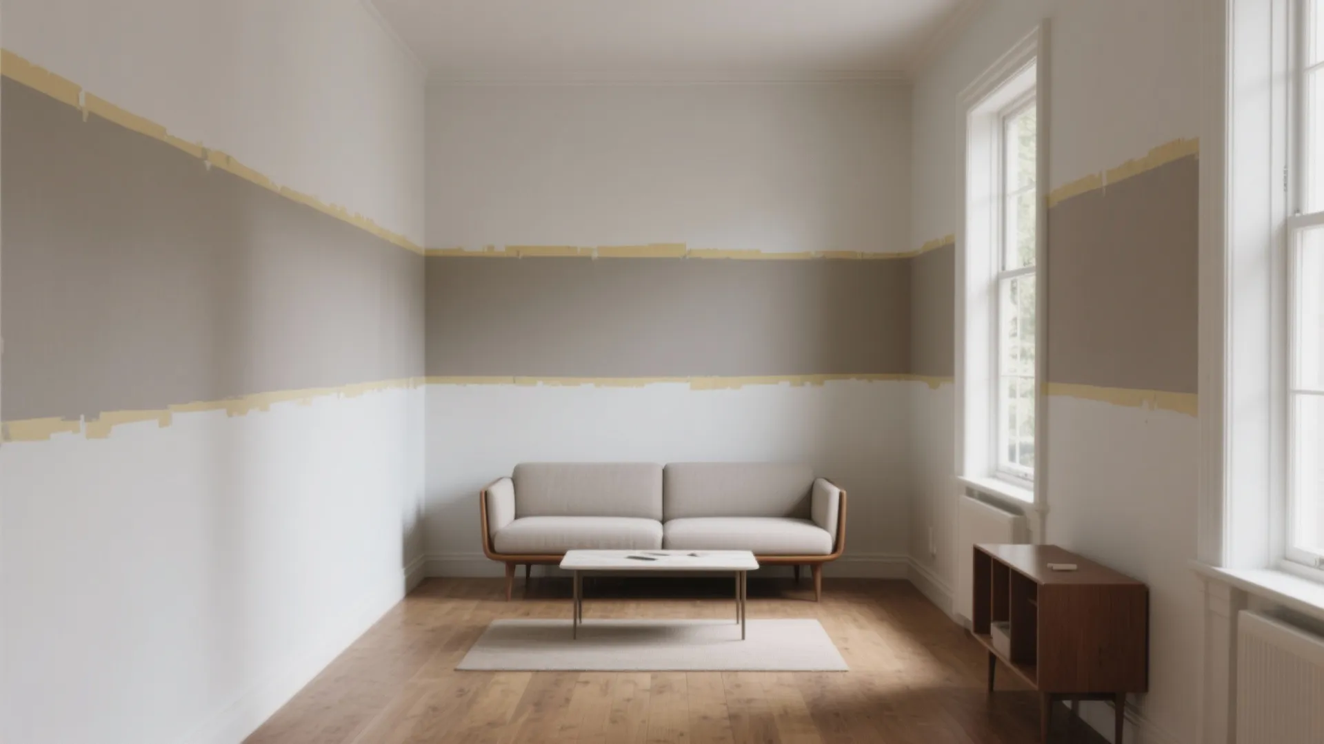 Minimalist living room with grey wall paint bands light sofa wood floor and window light