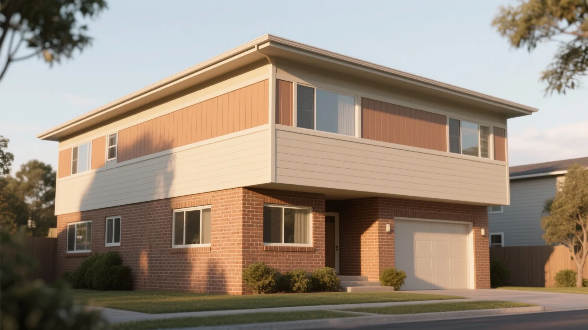 Two story modern house with red brick walls and tan horizontal wall panel on top