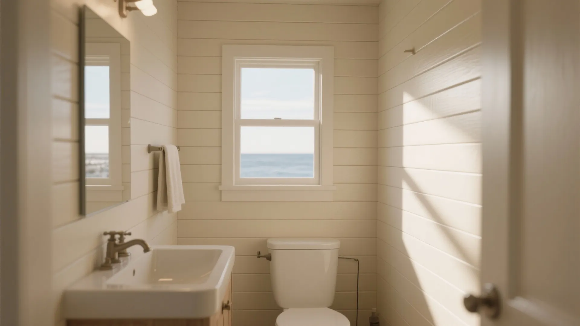 Small bathroom with white horizontal wall panels a window facing the ocean toilet sink and mirror