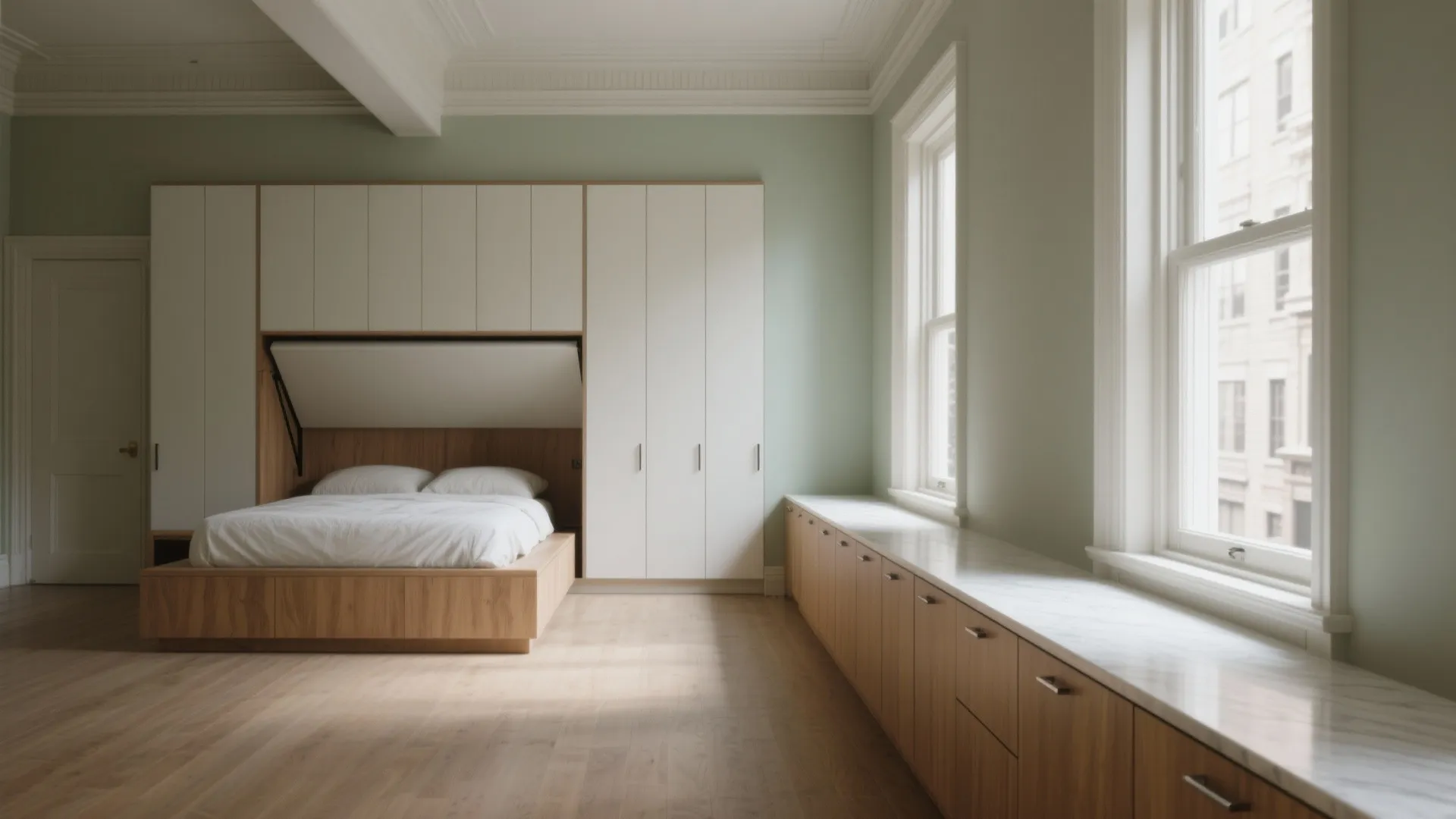 Light green bedroom featuring wall bed integrated into white cabinet and long wooden storage bench