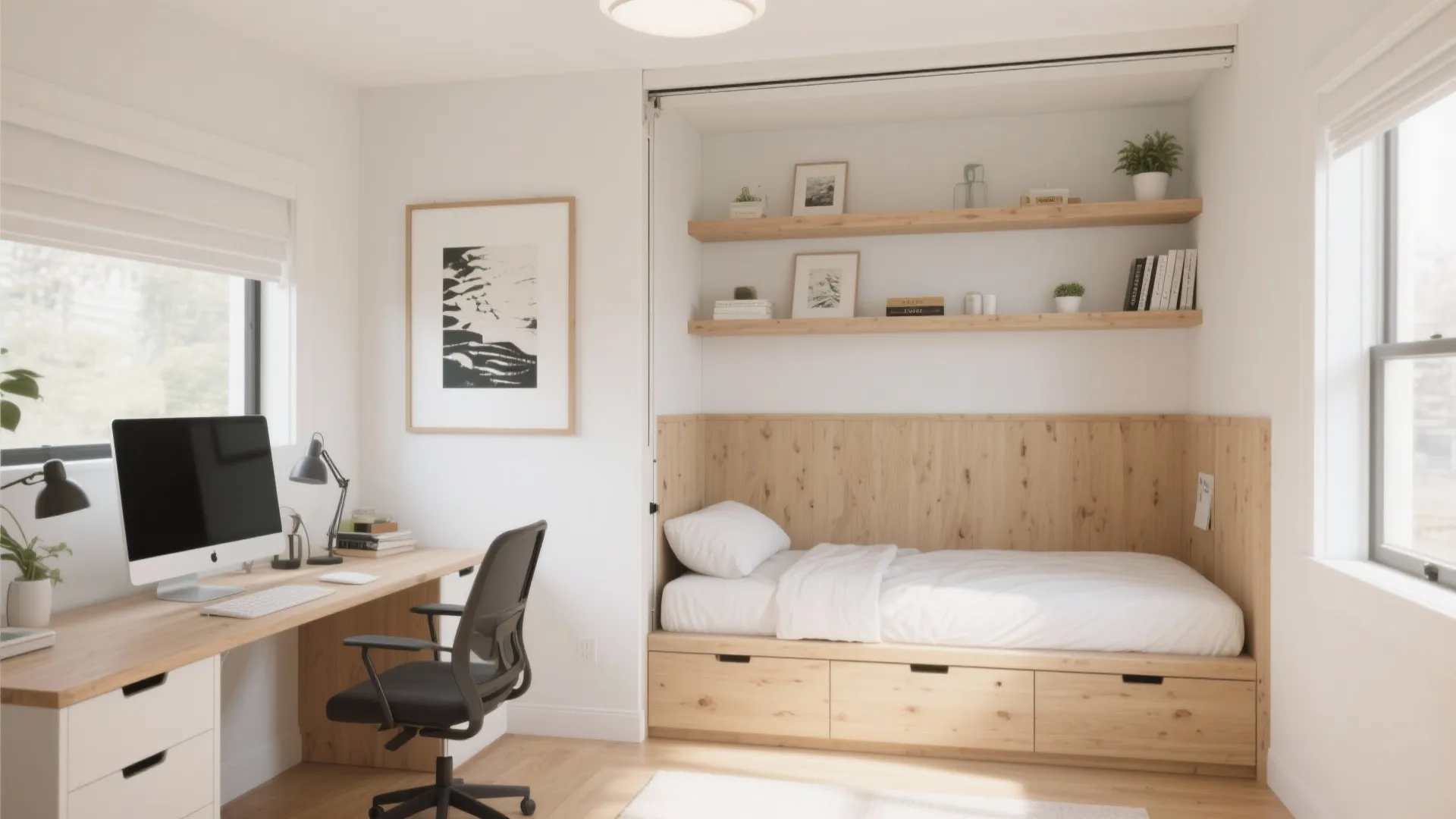 Horizontal Murphy bed under wall shelves in a small office