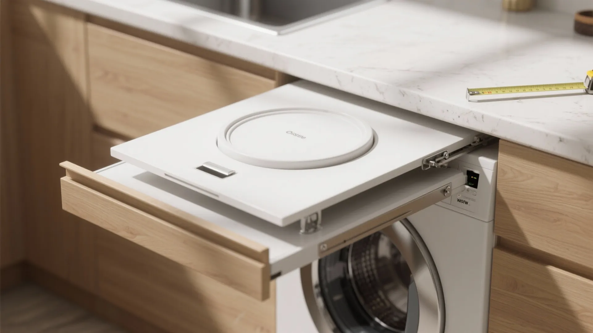 Pull out white shelf above washing machine integrated into modern kitchen wooden cabinets with marble