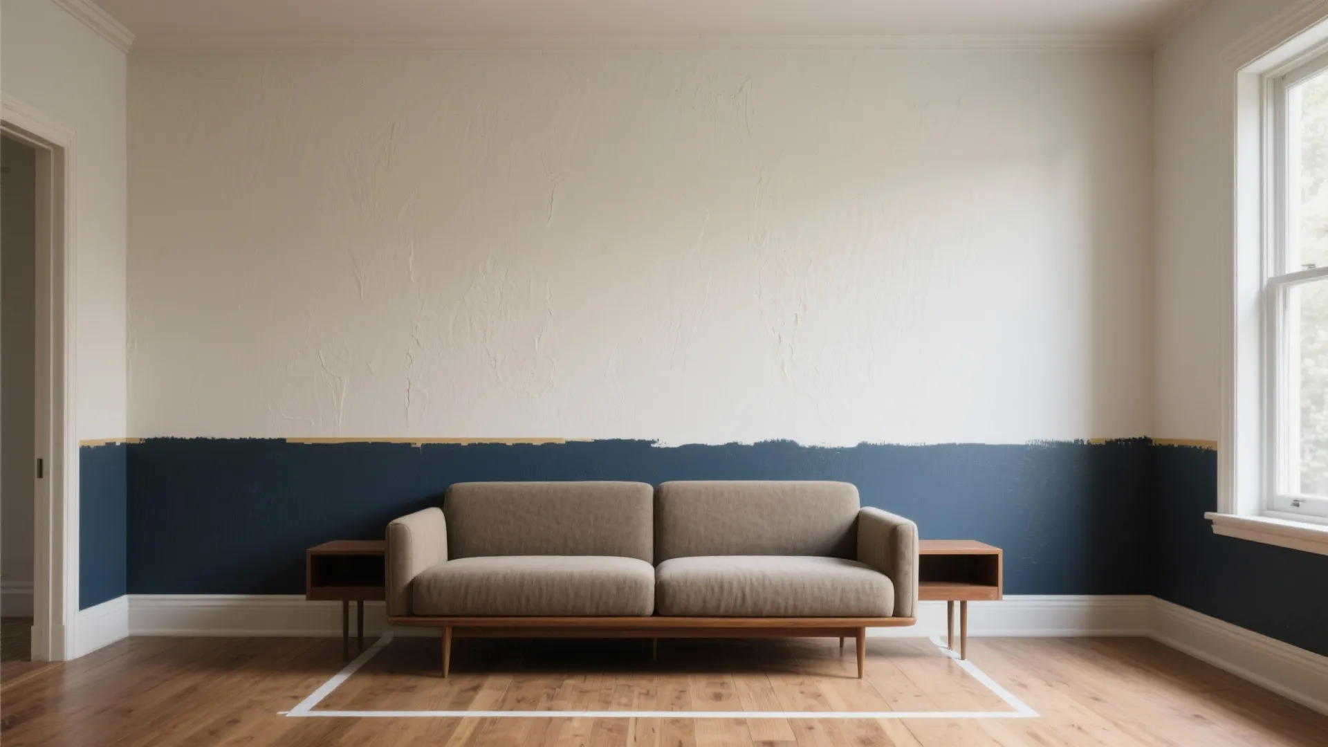 Minimalist living room with beige sofa and dark blue paint horizontally dividing the white wall