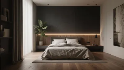 Modern Bedroom with Dark Accent Wall & Ambient Lighting