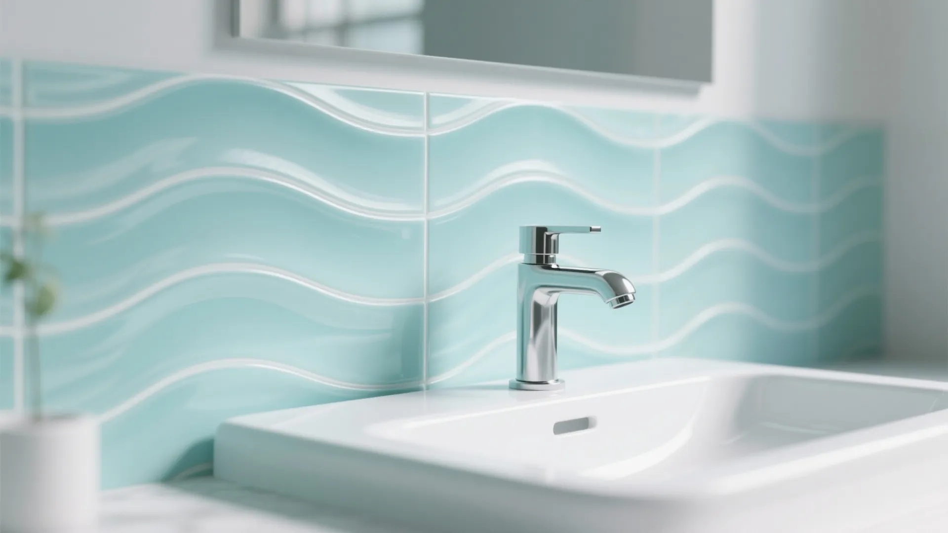 Close up of chrome faucet on white sink with blue wavy tile background and mirror