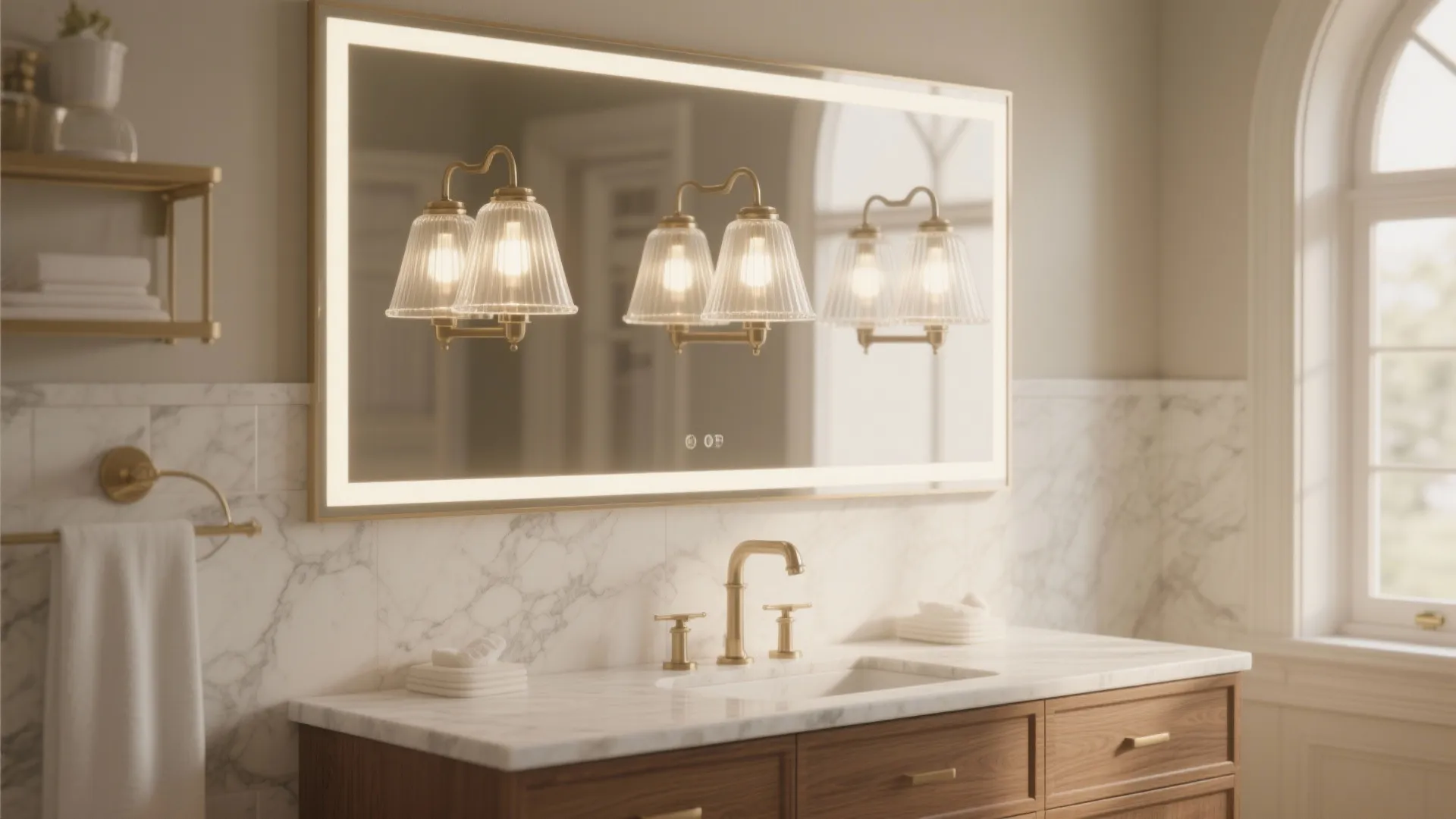 Timeless bathroom with a horizontal 3-bulb vanity bar and frosted glass shades above a mirror