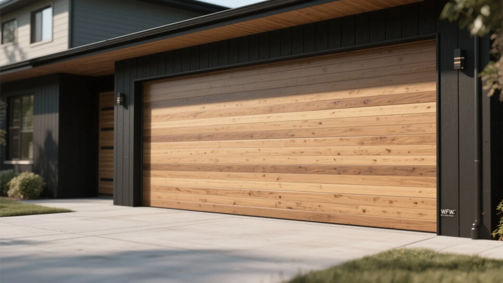 Modern black house with large wooden garage door showing horizontal grain pattern and concrete driveway