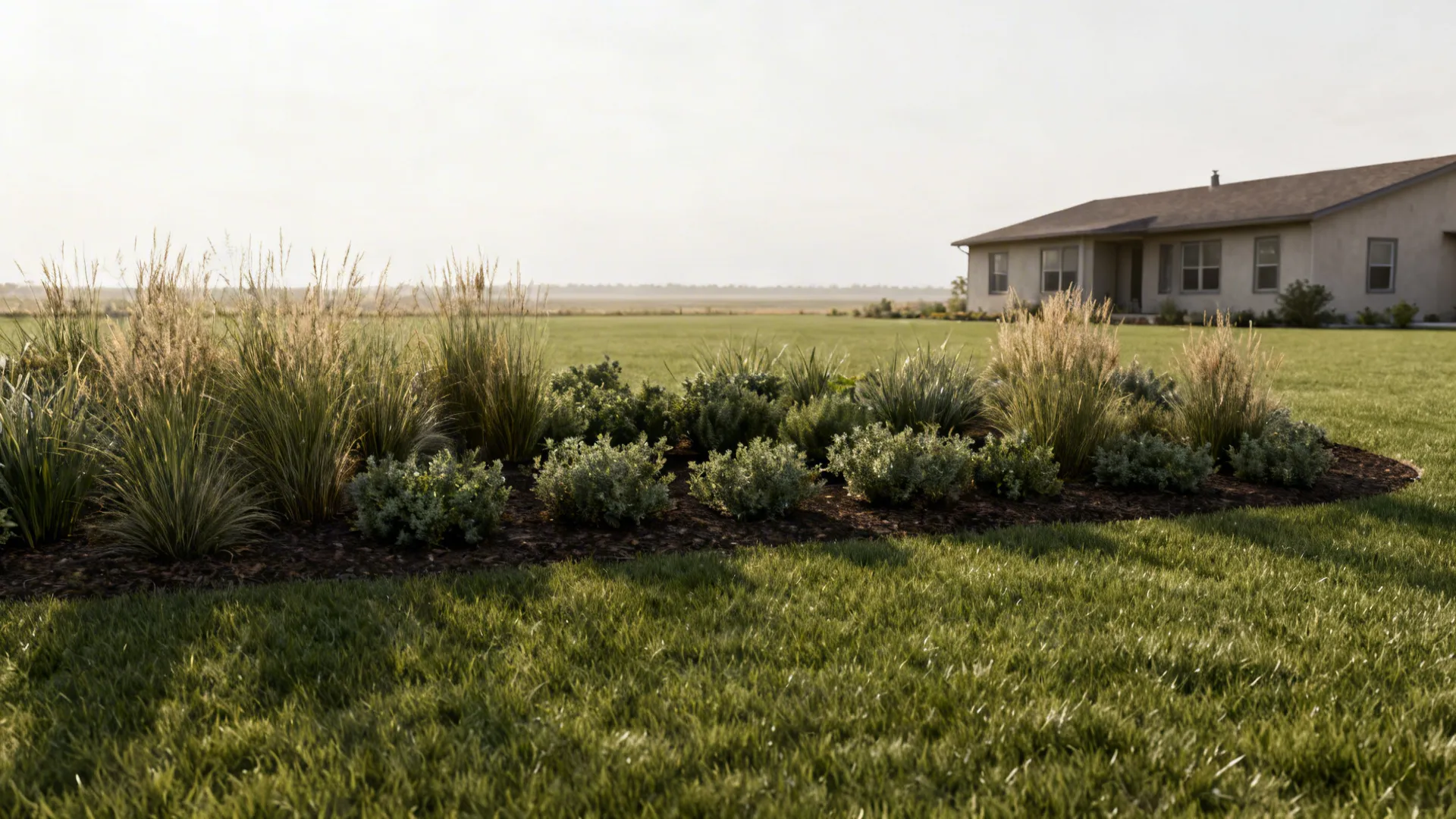 Layered native ornamental grasses and low shrubs forming horizontal bands in a ranch yard.