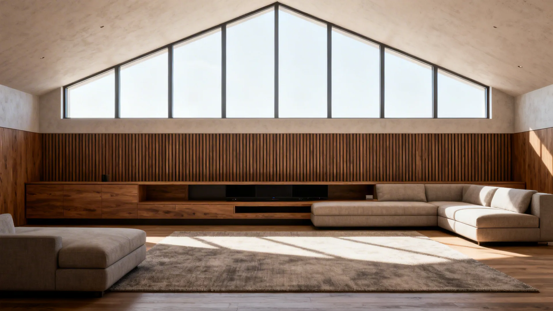 Vaulted room with long low sofa and horizontal wood paneling anchoring the space