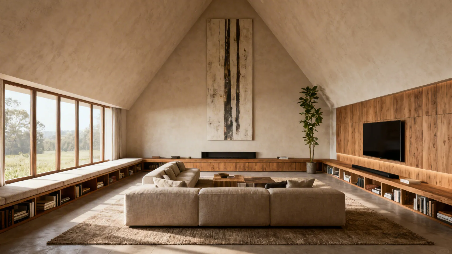 Long sofa and low bench grounding a vaulted living space with tall plant accent