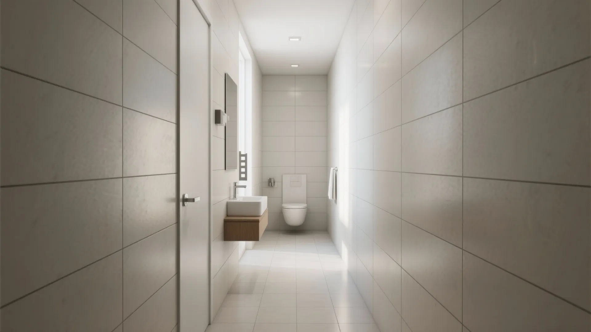 Modern narrow bathroom with white wall tiles small sink wooden cabinet toilet and bright ceiling light