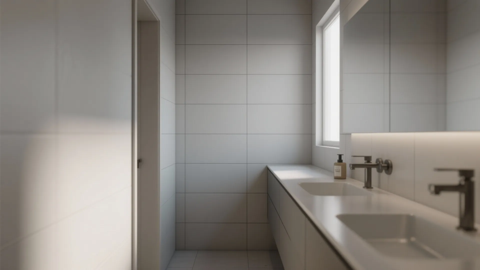 Modern bathroom with white wall tiles large double sink vanity mirrors and a small window