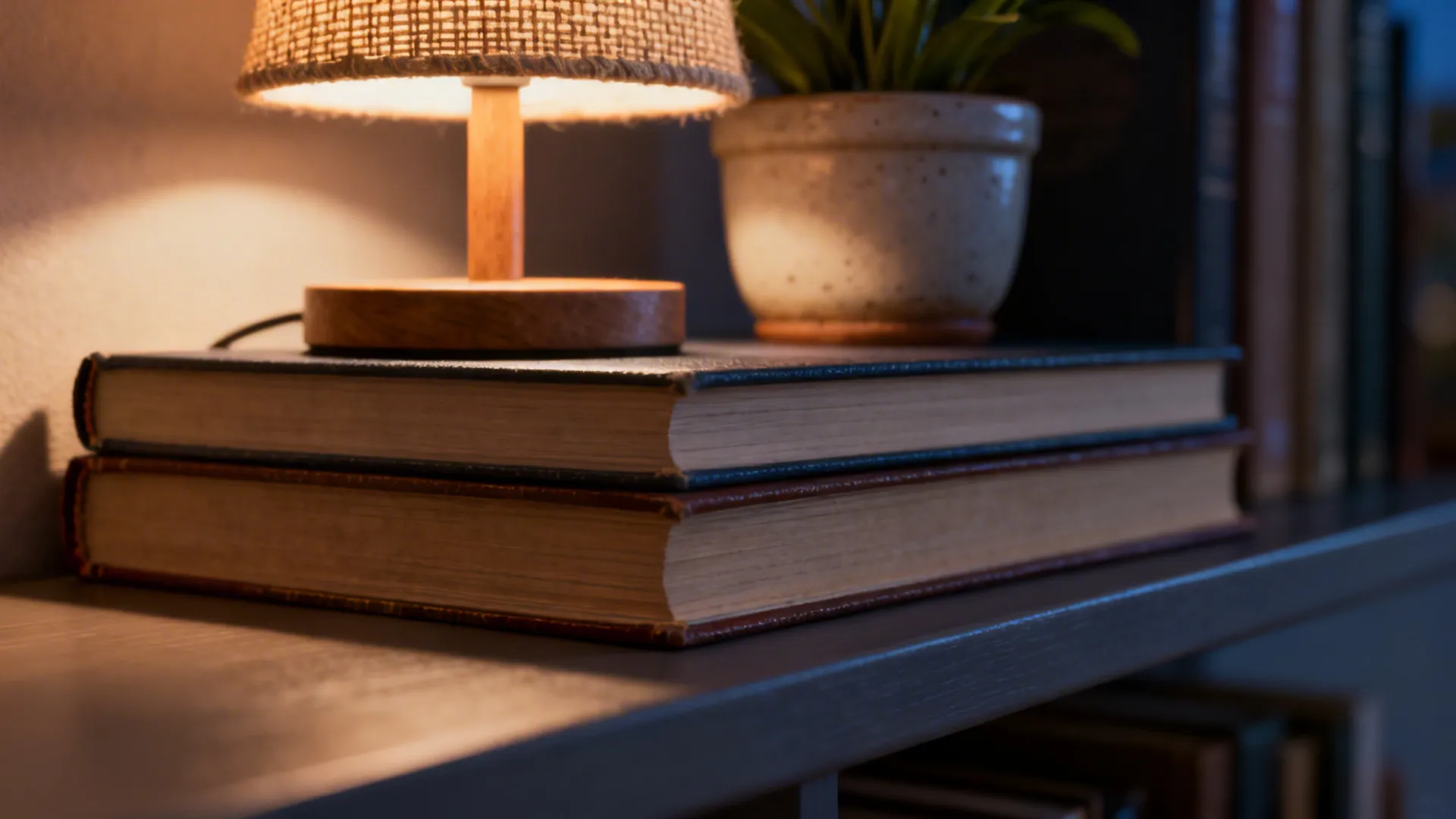 Close-up of horizontal book stack topped with a small lamp and potted plant, highlighting texture and stability.