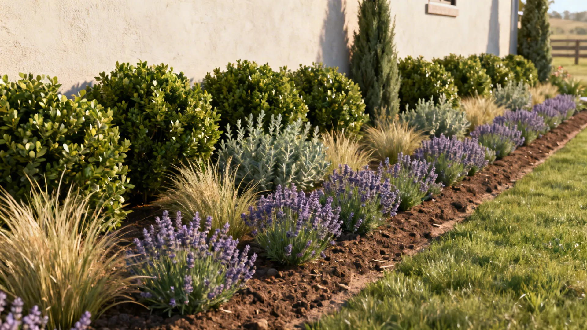 Layered plantings along a ranch facade with low perennials, medium shrubs, and taller corner accents.