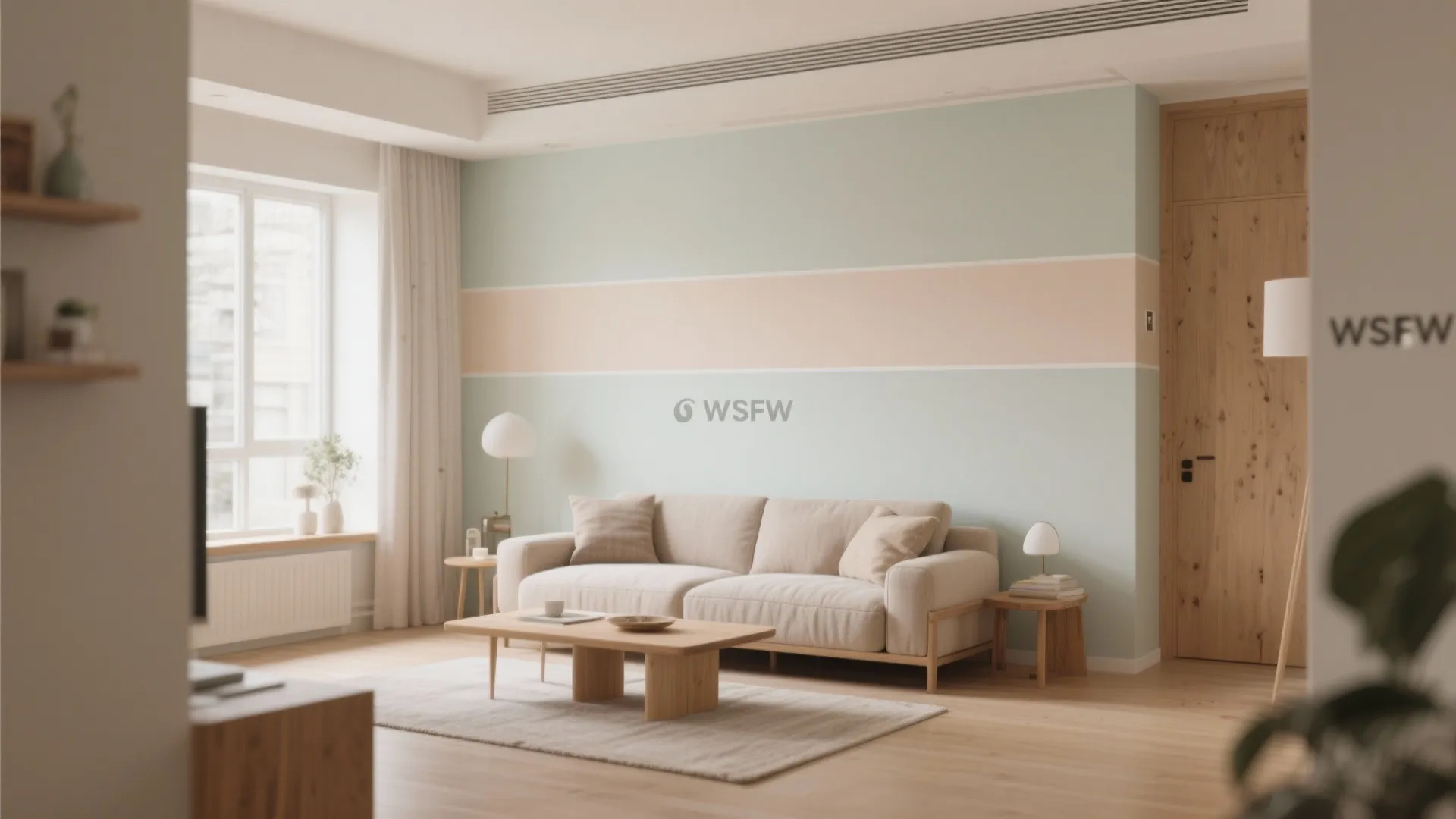 Modern living room featuring a mint green wall with a horizontal peach colored stripe design