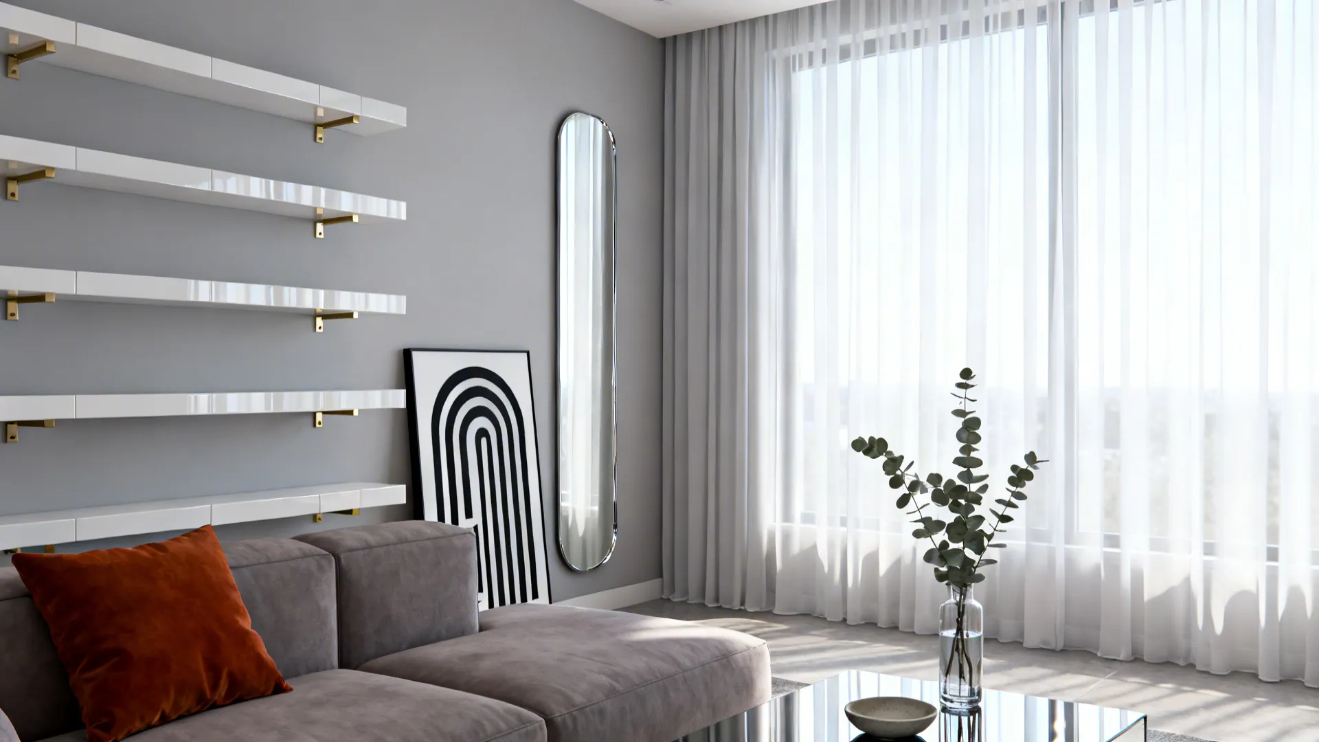 Living room with gray sofa orange pillow white wall shelves long mirror and large window