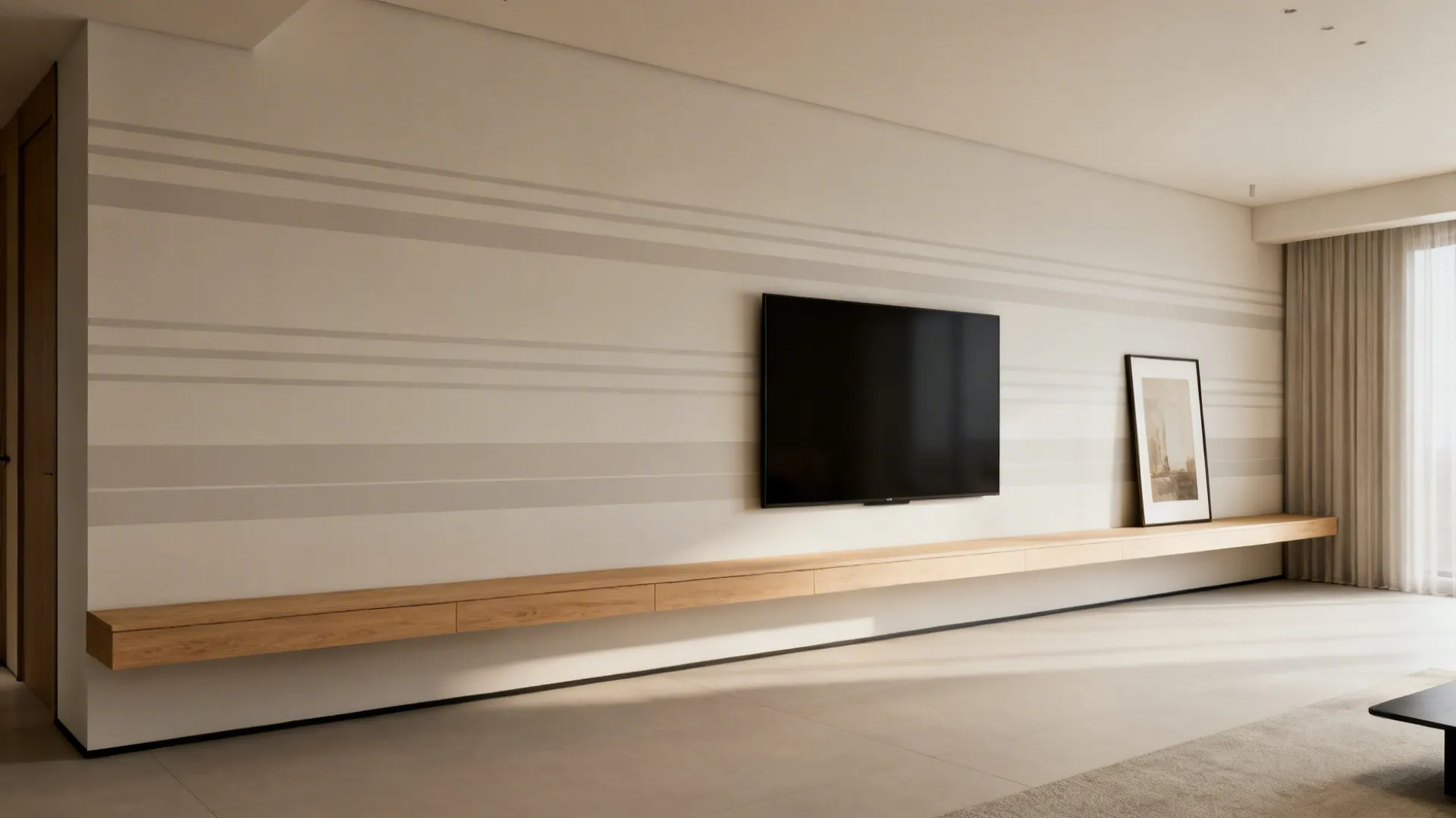 Minimalist living room wall with horizontal stripes television long floating wooden shelf cabinet and curtains