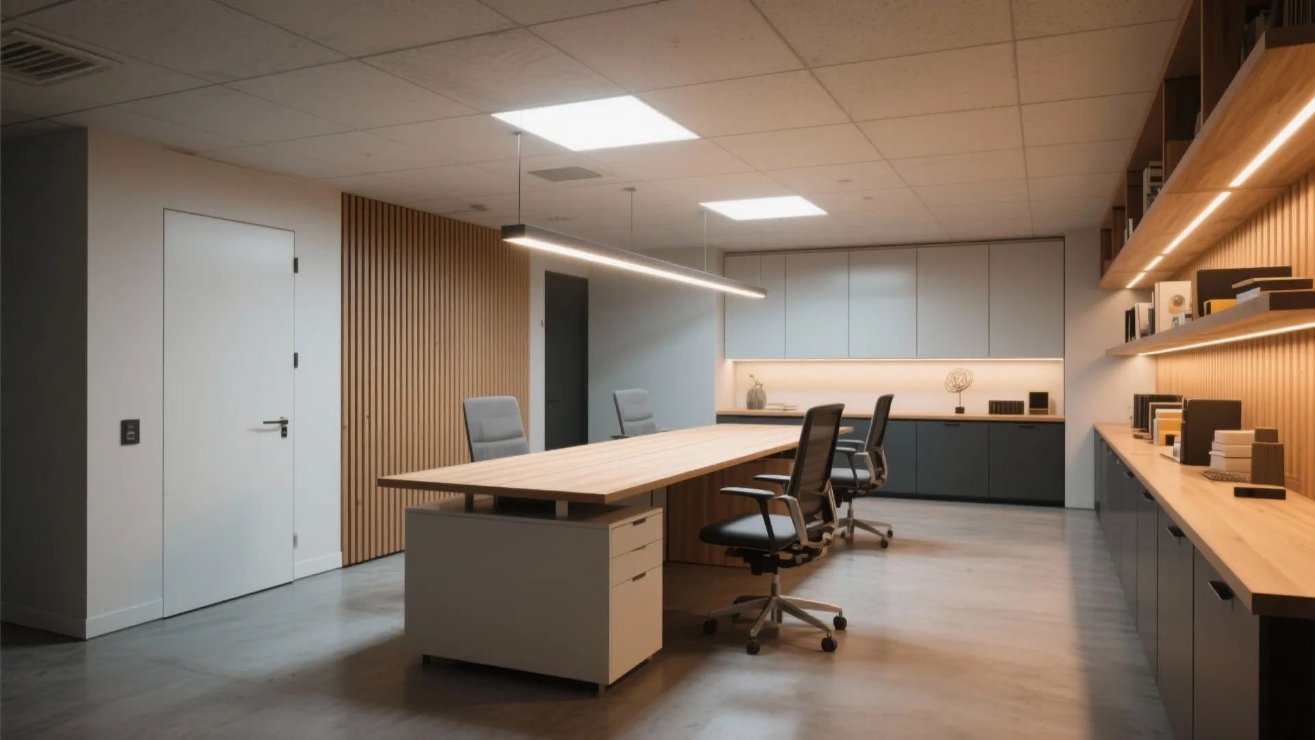 Spacious office meeting room with long wooden table, black chairs, white cabinets, and wall panel