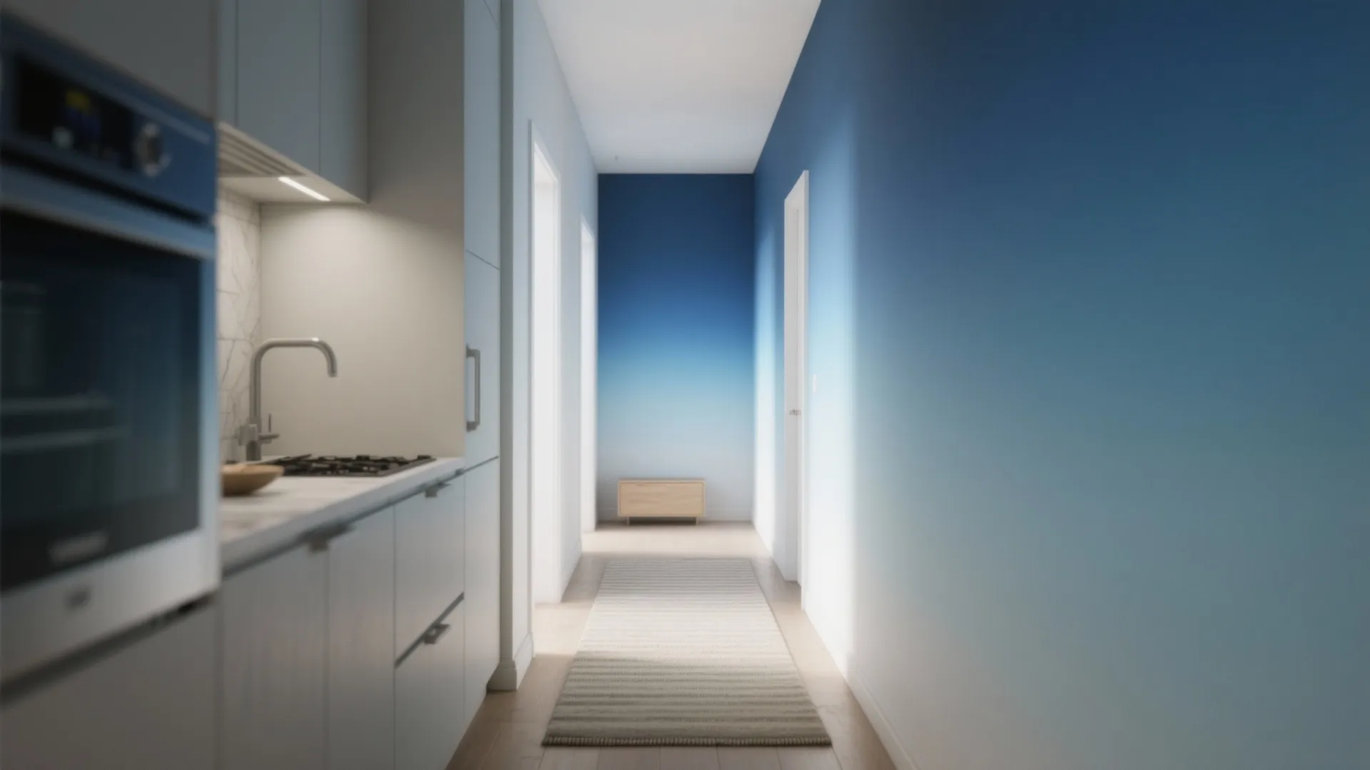 Modern hallway with blue gradient wall paint wood flooring striped rug and white kitchen cabinets