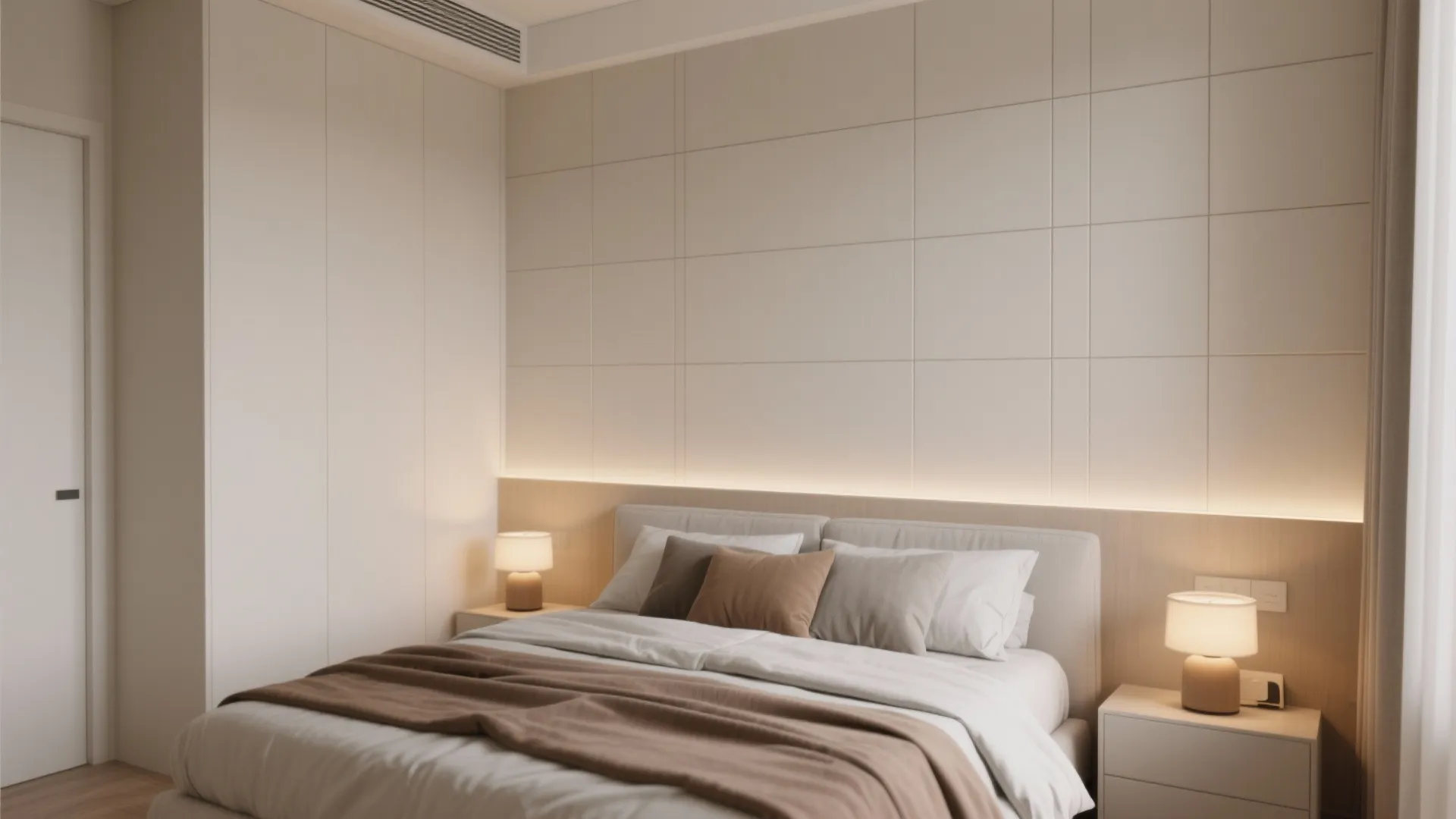 Minimalist bedroom featuring white wall panel, bedside table lamps, brown blanket, and hidden ceiling light