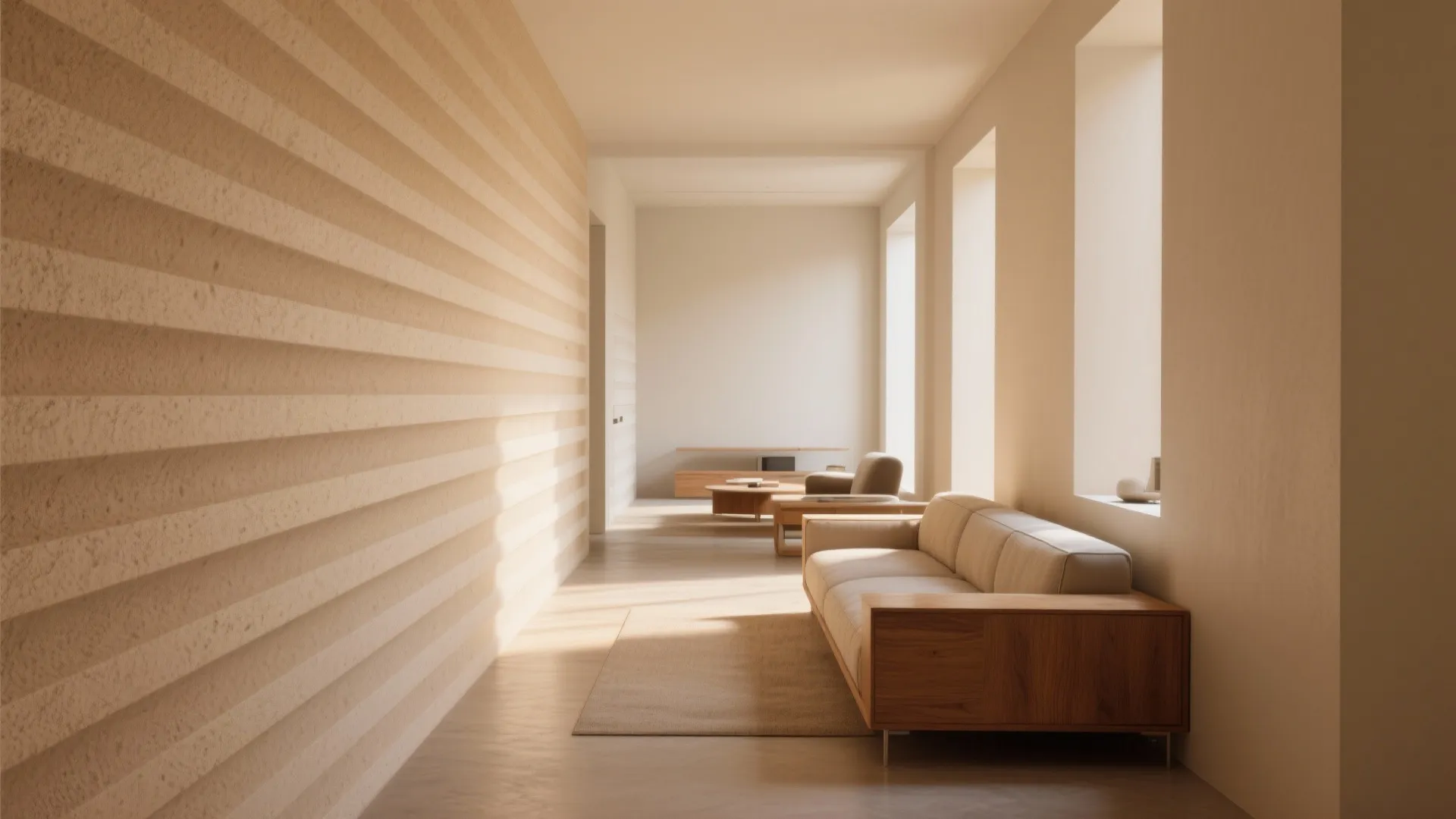Minimalist living room with beige sofa wooden frame sunlight from windows and horizontal textured wall