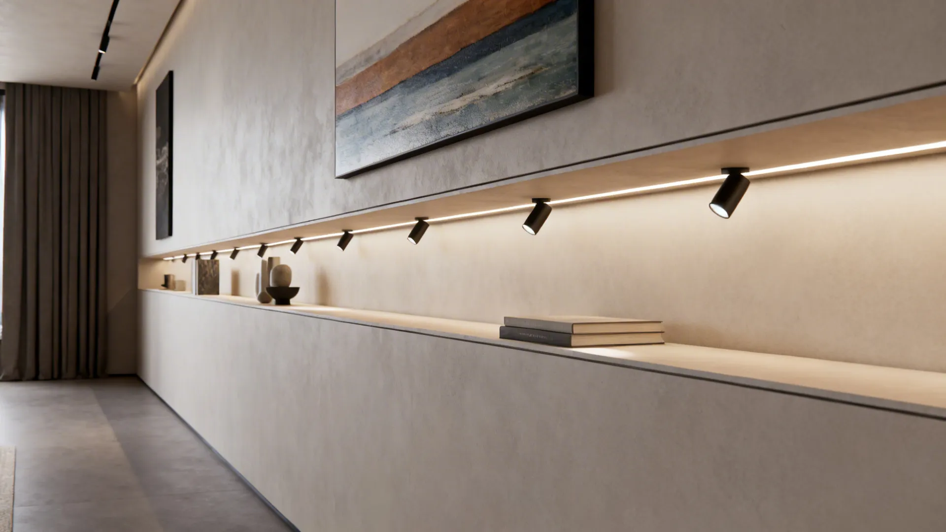 Long wall with continuous shallow shelf and horizontal artwork balancing the room's length.