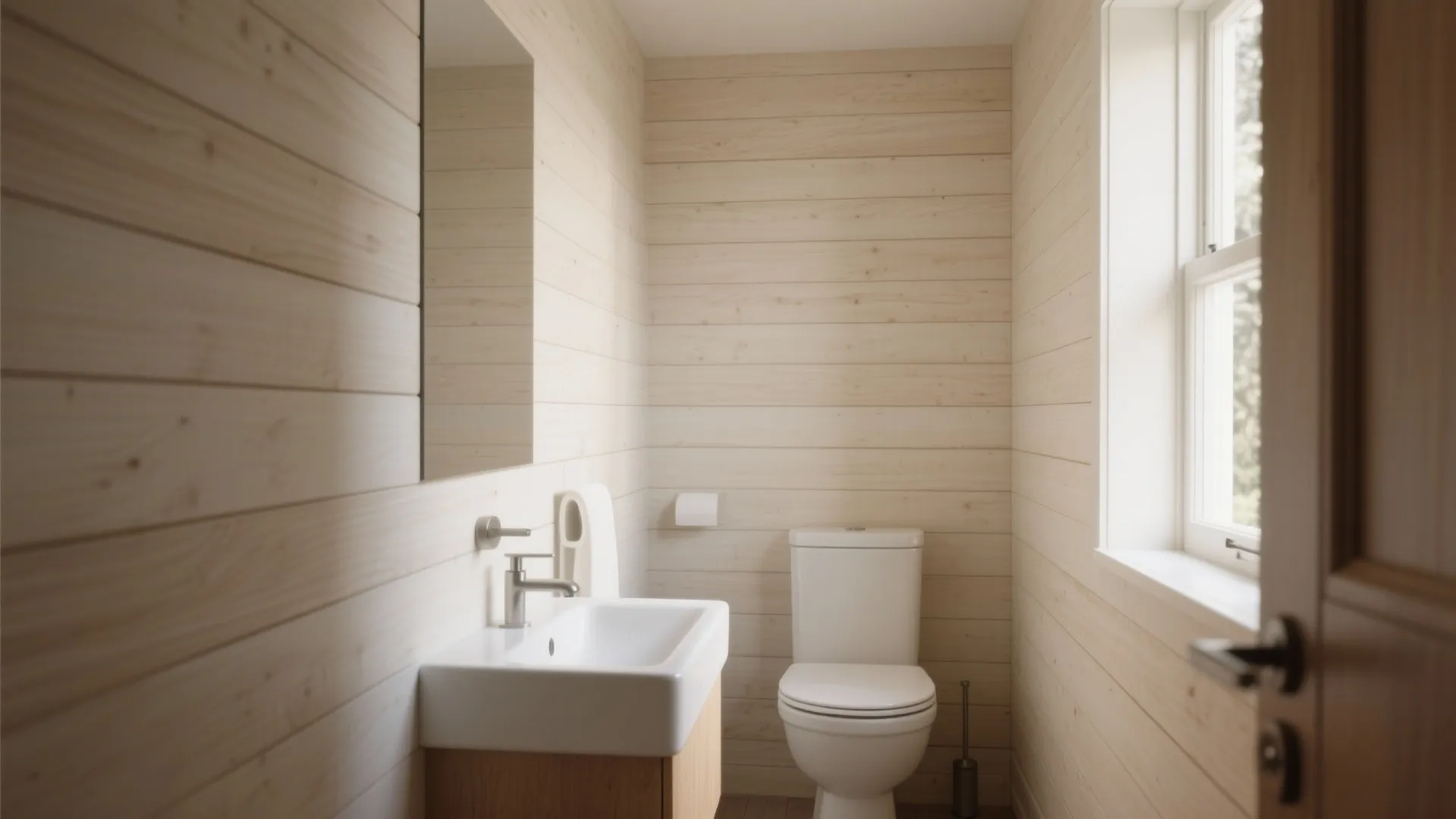 1. Horizontal light shiplap to widen narrow baths