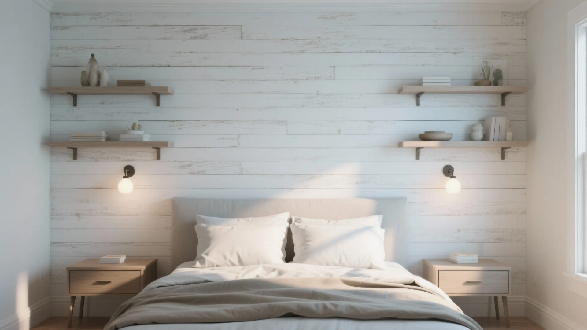2. Horizontal shiplap behind the bed as a focal point