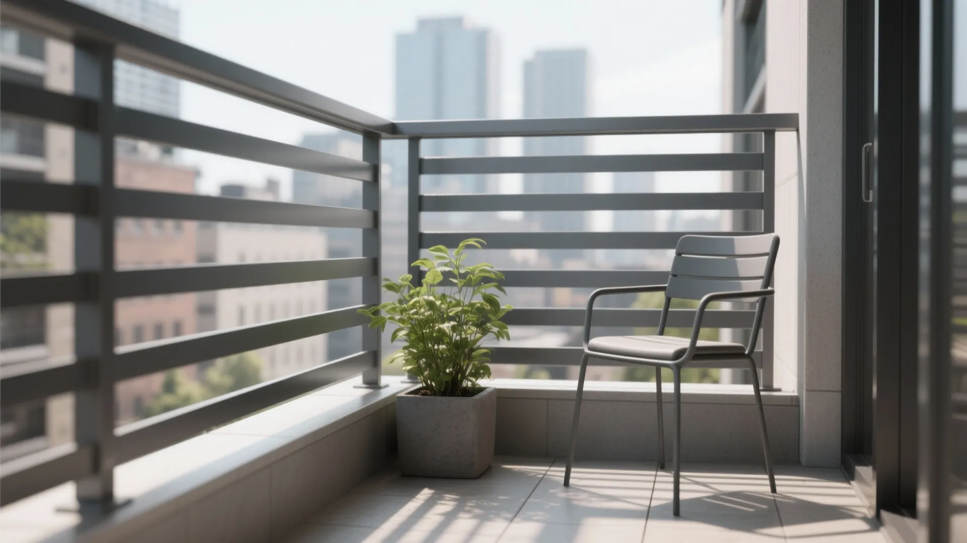 Minimalist horizontal aluminum slat balcony railing in matte charcoal with planters.