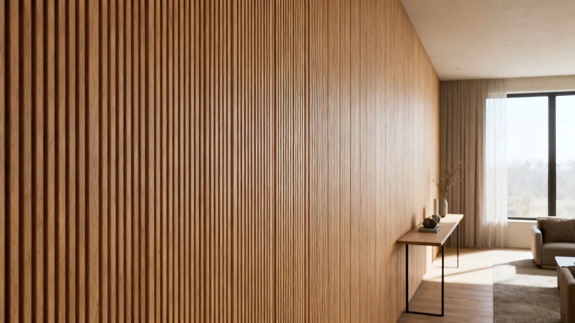 Narrow living room with horizontal maple slat accent wall that visually widens the space