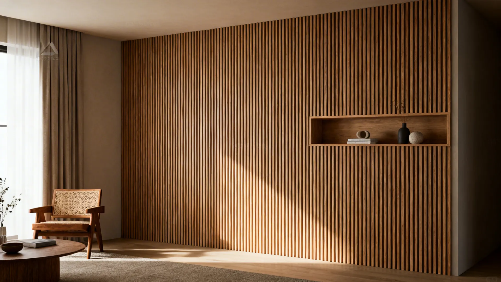 Narrow living room with horizontal wood slat wall and a small shelf.