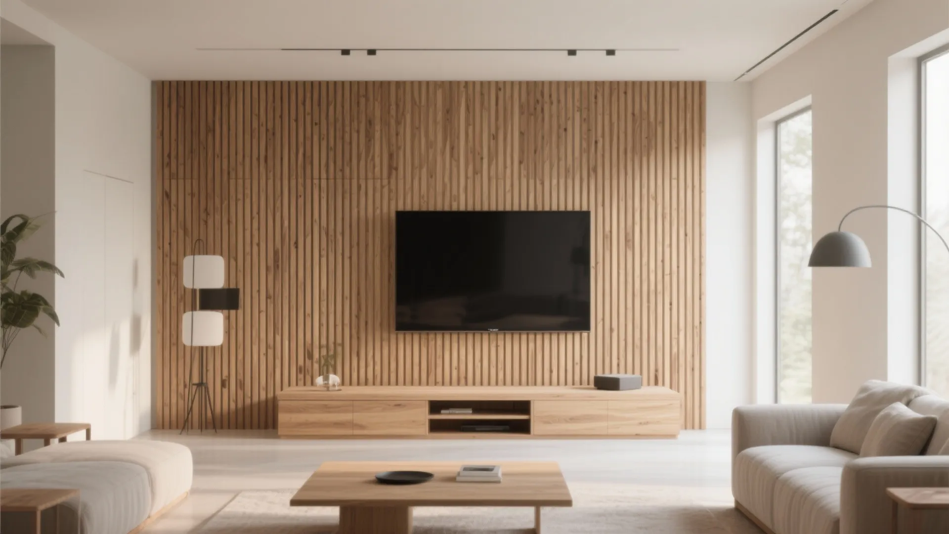 Living room with vertical wood wall panels, large television, wooden cabinet, floor lamp, and sofa