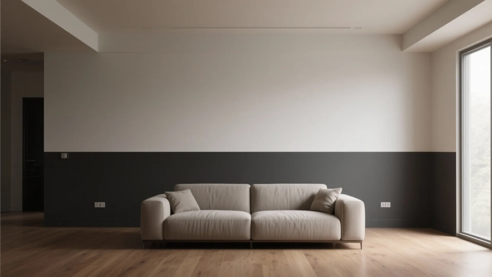 Modern living room with a grey sofa against a white and dark grey horizontal wall